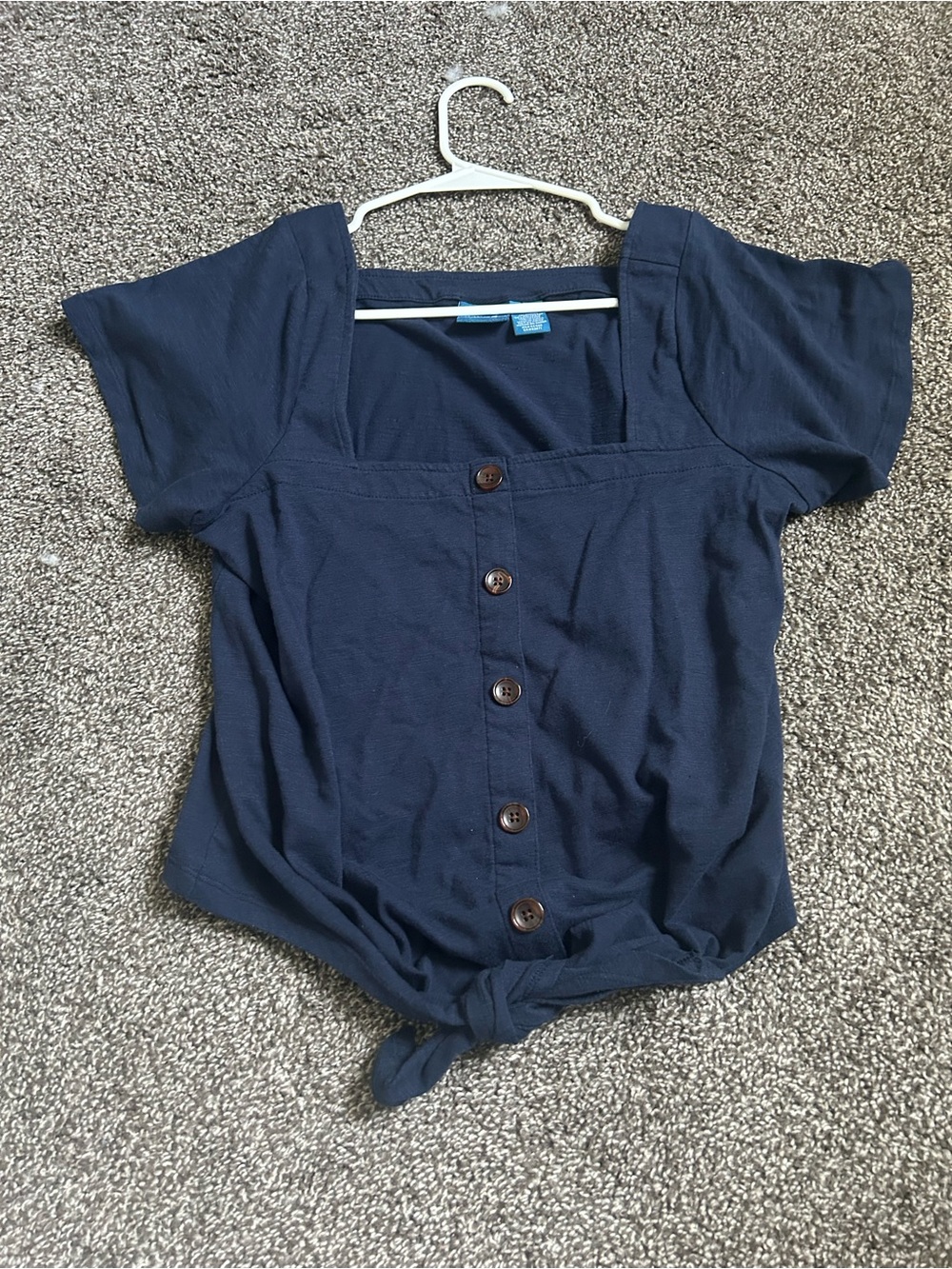 Caribbean Joe Navy Square-Neck Button Front Tie-Hem Top